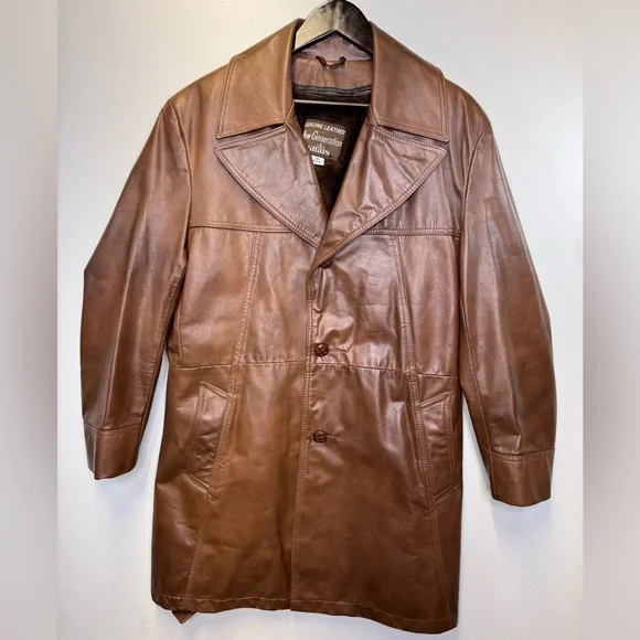 Vintage 70s Leather Trench Coat‎ Size 40R Rust Brown Belted Grais New Generation - Picture 2 of 15